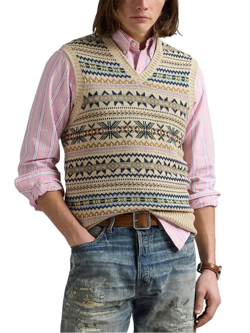Polo Ralph Lauren Fair Isle Cotton-Cashmere Sweater Vest Tan Combo Men’s Size XL - Picture 2 of 10